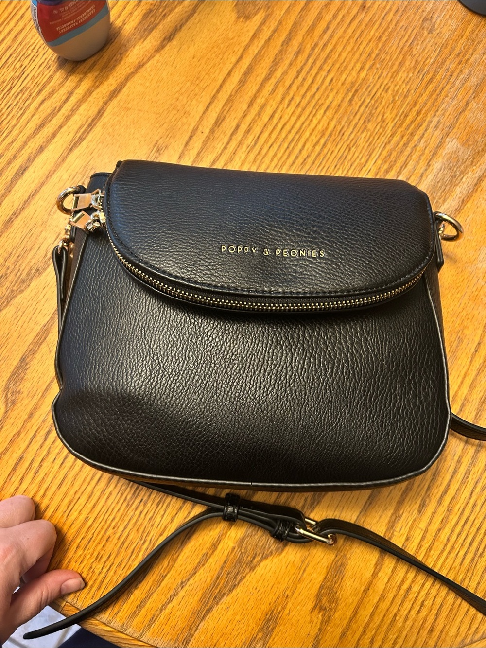 Poppy & Peonies Black Pebbled Crossbody with Gold Hardware